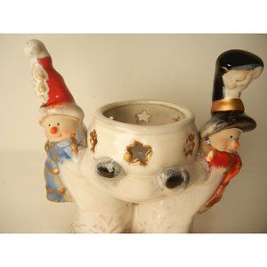 Holiday snowmen votive candle holder, 2 snowmen holding votive, luminary 6" X 5